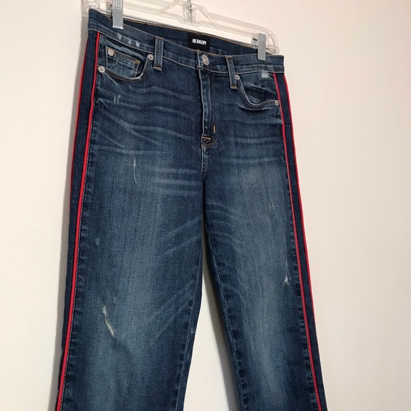 Hudson Jeans Zoeey Ankle Straight Leg Red Tuxedo Stripe Distressed Size 24 - Picture 9 of 16